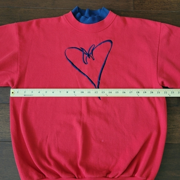 Vtg 90s Women's L Embroidered Mock Neck Pullover Sweatshirt Red Heart Butterfly - Picture 6 of 8